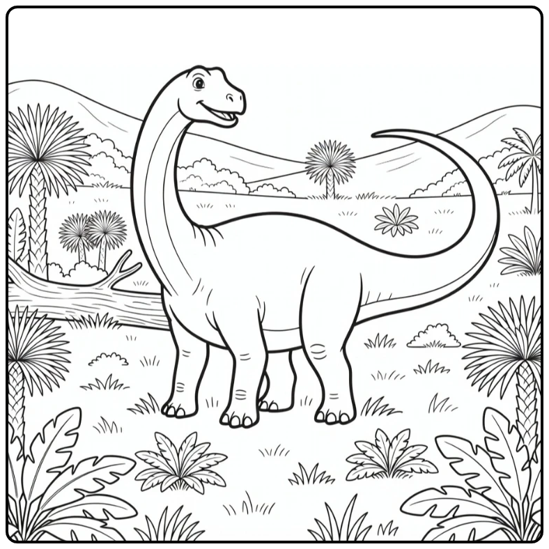 Apatosaurus coloring page with alert dinosaur in meadow