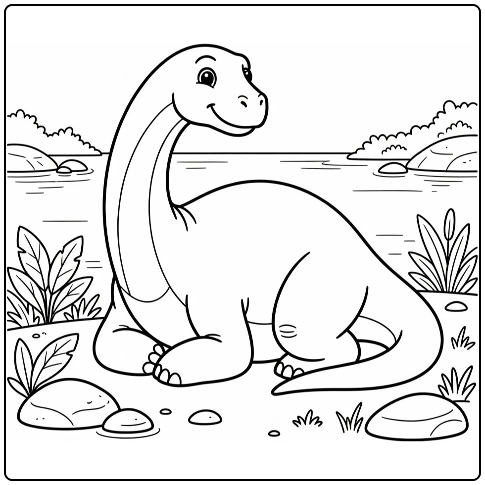 apatosaurus coloring page of resting dinosaur by calm lakeshore