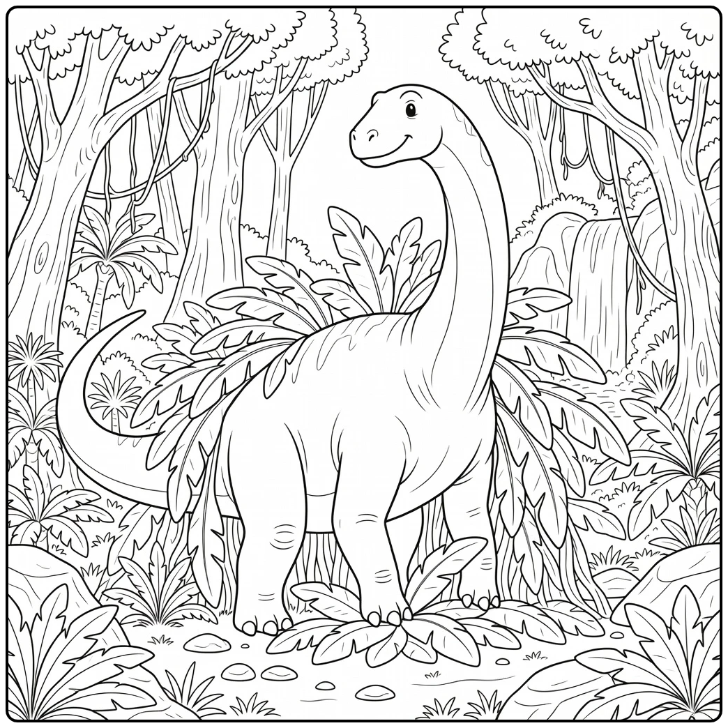 Argentinosaurus coloring page with jungle plants and waterfall