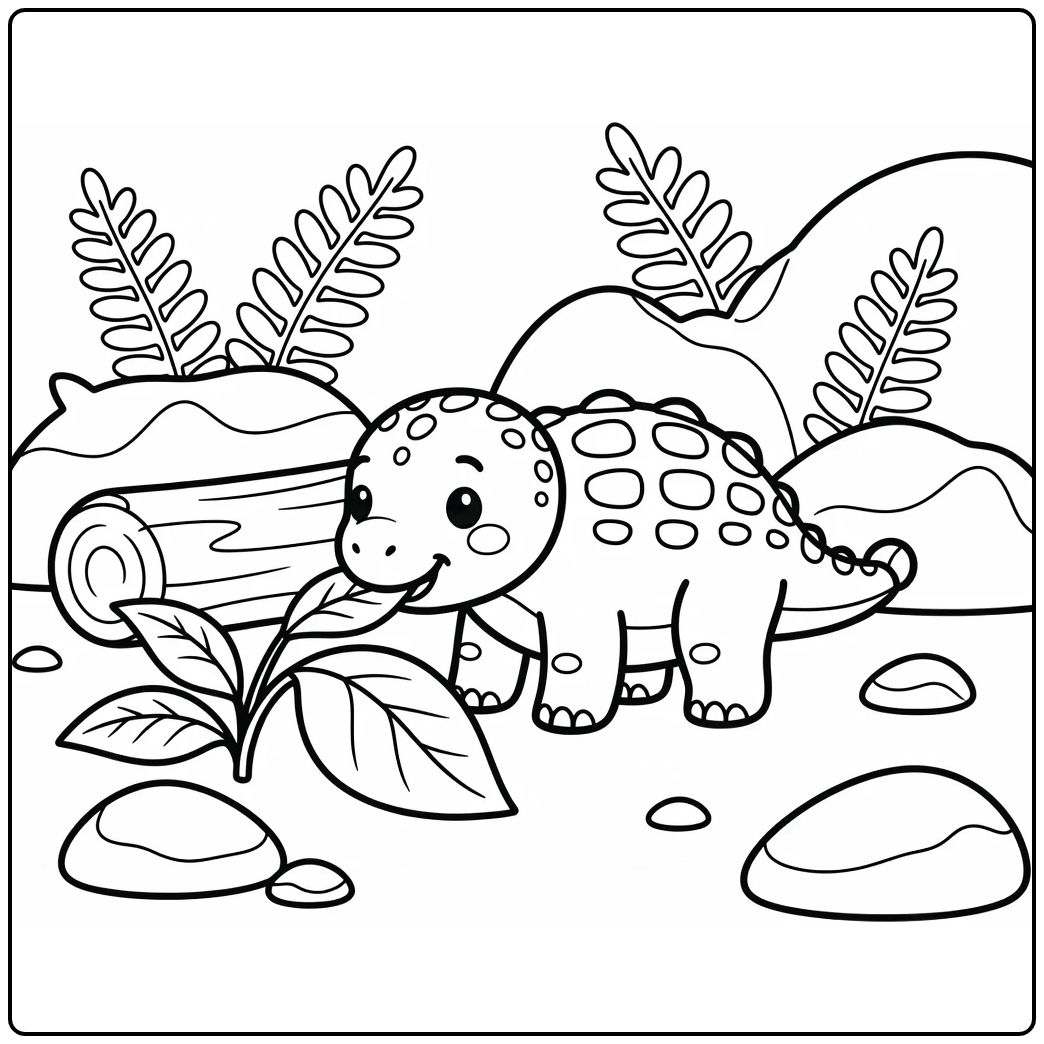 Baby ankylosaurus coloring page with leaf plant and log