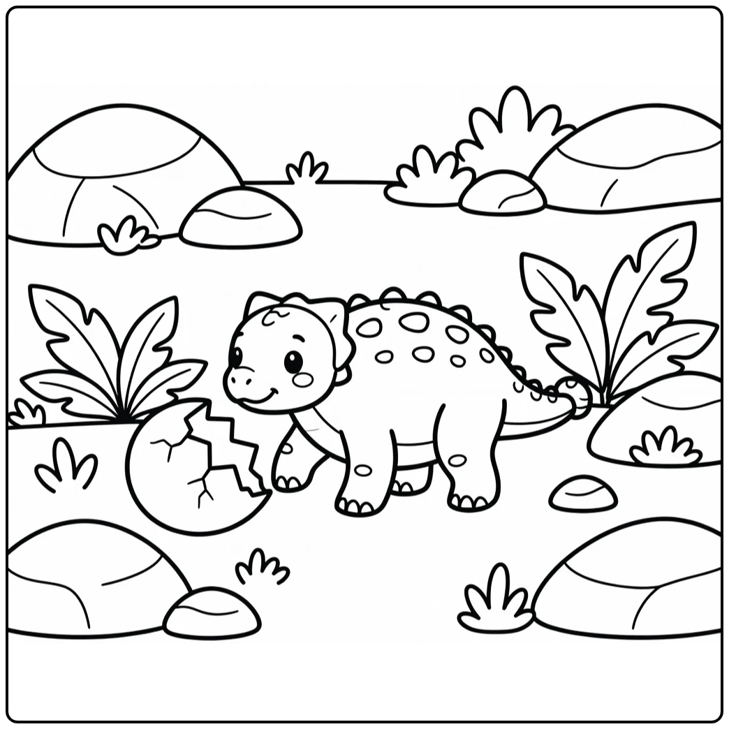 baby ankylosaurus coloring page with eggshell and ferns