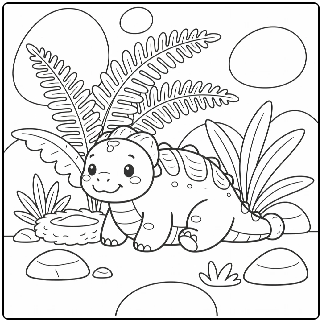Baby ankylosaurus coloring page under fern with nest