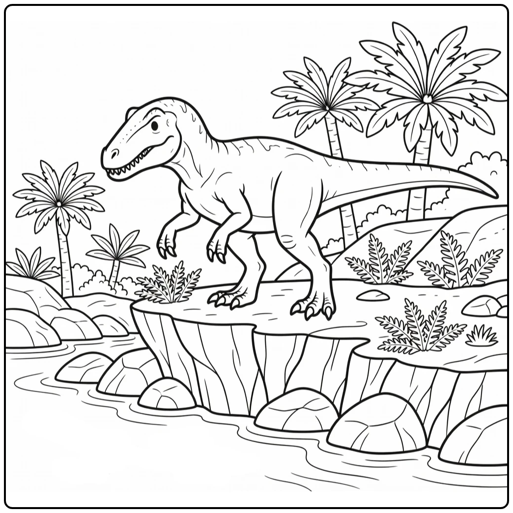 Baryonyx coloring page dinosaur on river cliff ledge
