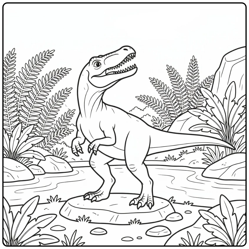 Baryonyx coloring page with pterosaur over riverside ferns