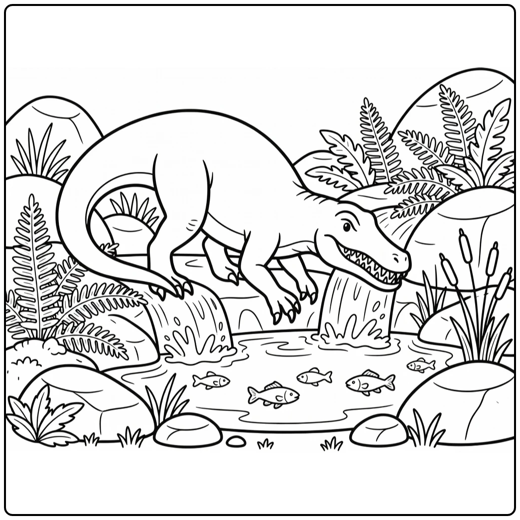 Baryonyx coloring page dinosaur near waterfall pool with fish