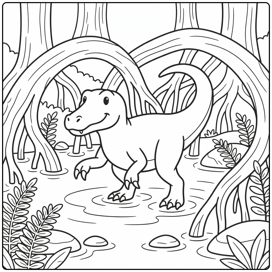 Baryonyx coloring page dinosaur in flooded forest