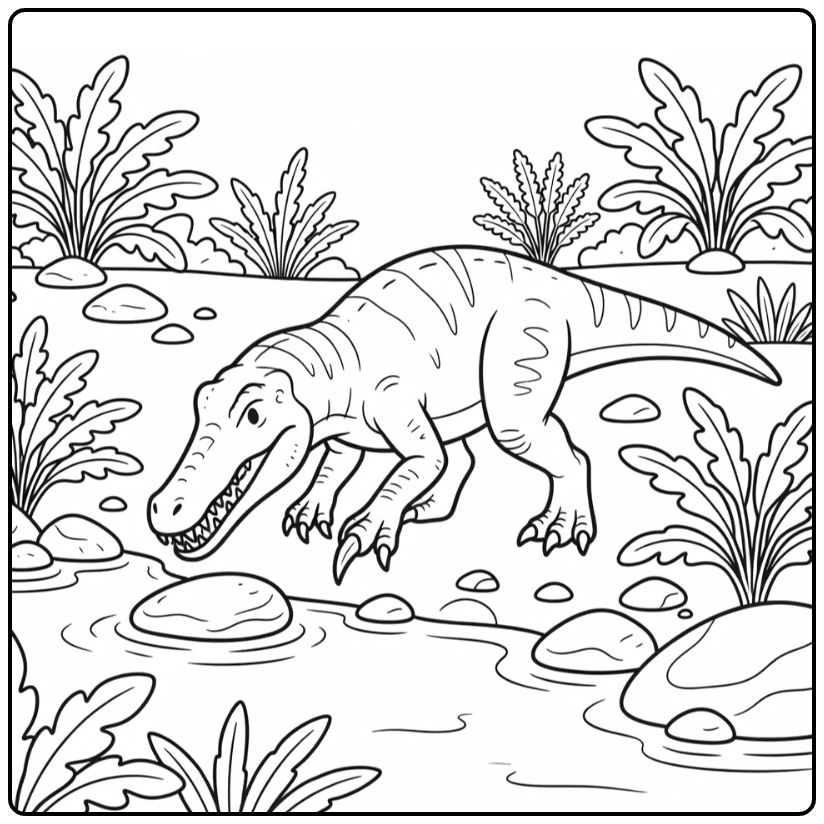 Baryonyx coloring page of dinosaur flipping river stone