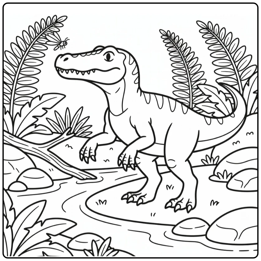 Baryonyx coloring page with dragonfly near river ferns
