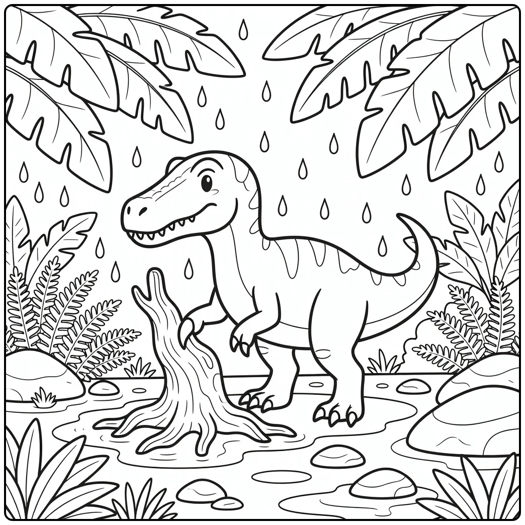 Baryonyx coloring page dinosaur under rainy leaves