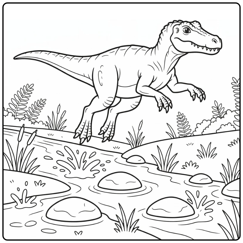 Baryonyx coloring page dinosaur leaping over stream