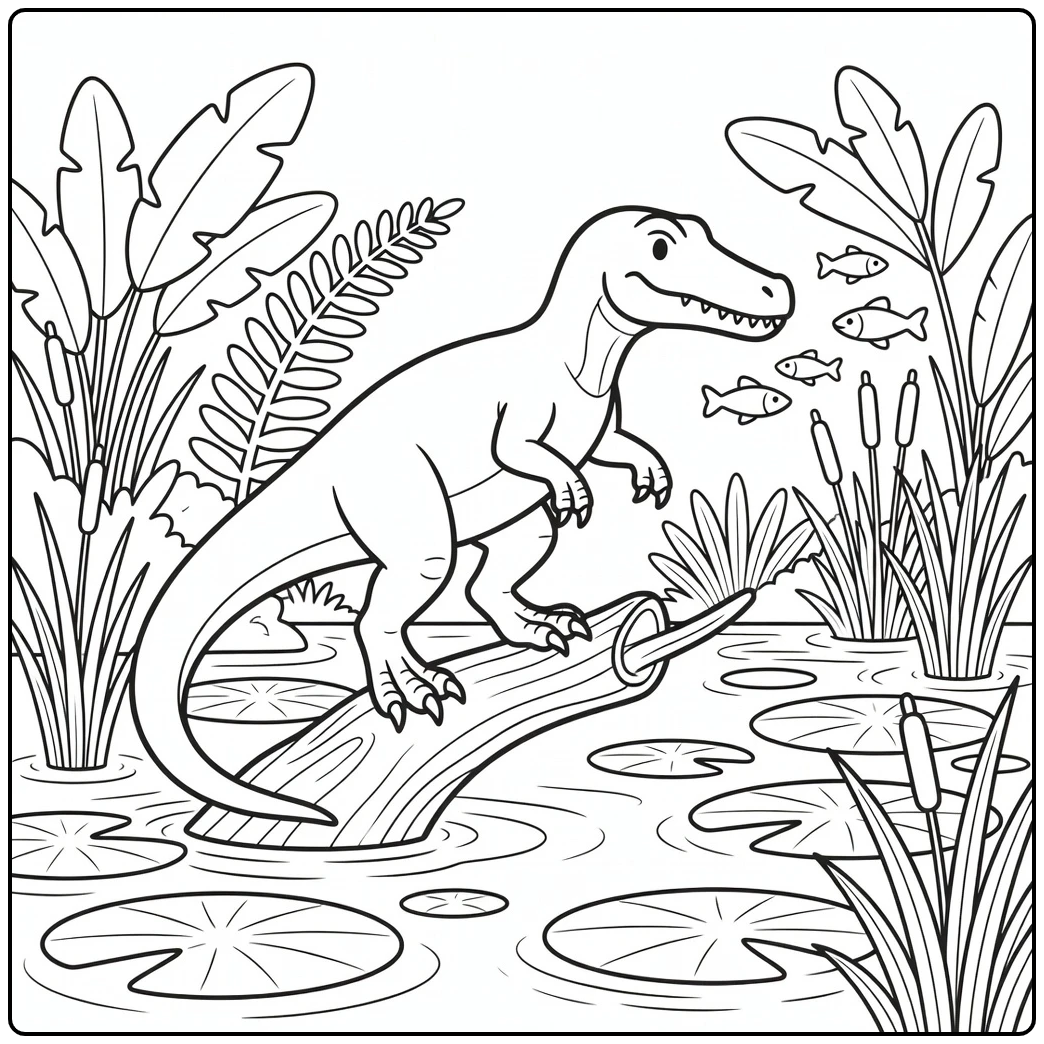 baryonyx coloring page dinosaur on trunk in swamp