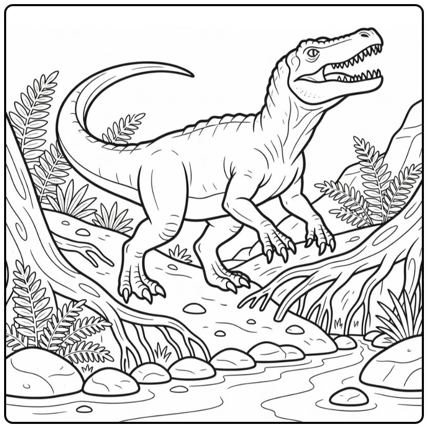 Baryonyx coloring page dinosaur climbing riverbank slope