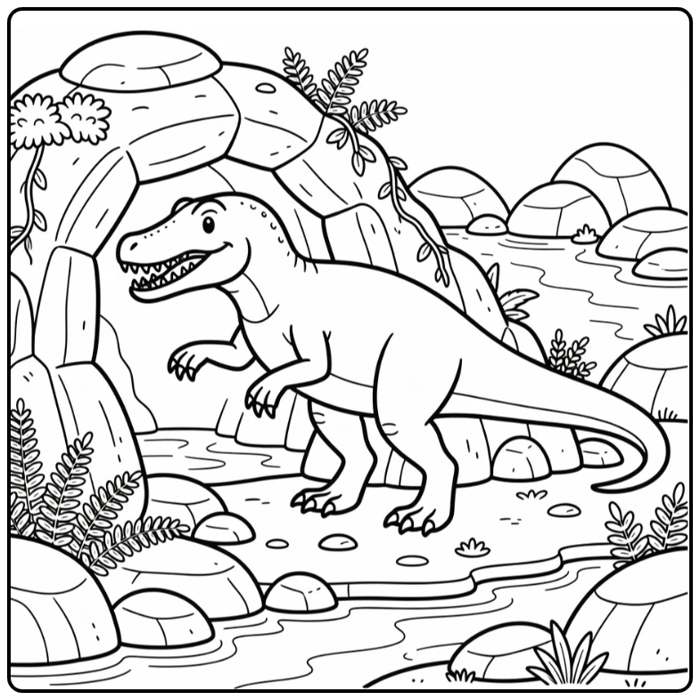 Baryonyx coloring page dinosaur exploring rocky cave by stream