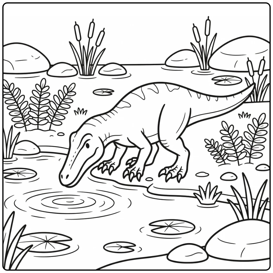 Baryonyx coloring page dinosaur watching pond ripples