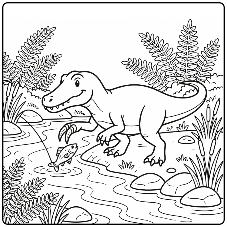 baryonyx coloring page dinosaur fishing at river bend