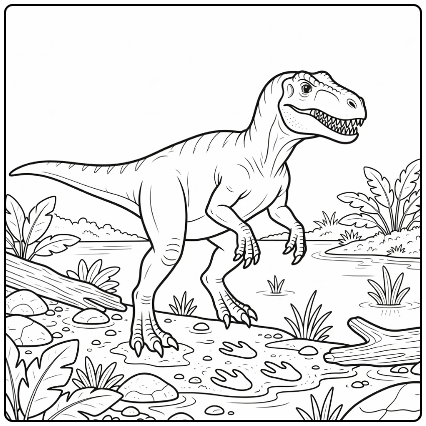 Baryonyx coloring page dinosaur on muddy lake shore with footprints
