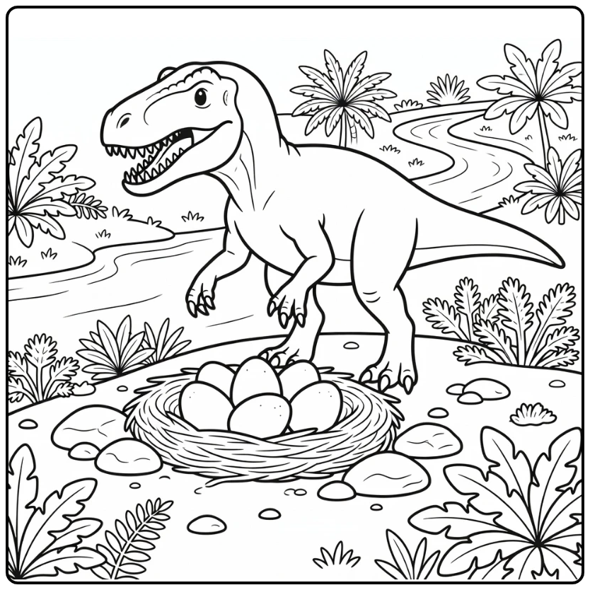 Baryonyx coloring page of dinosaur guarding nest by river