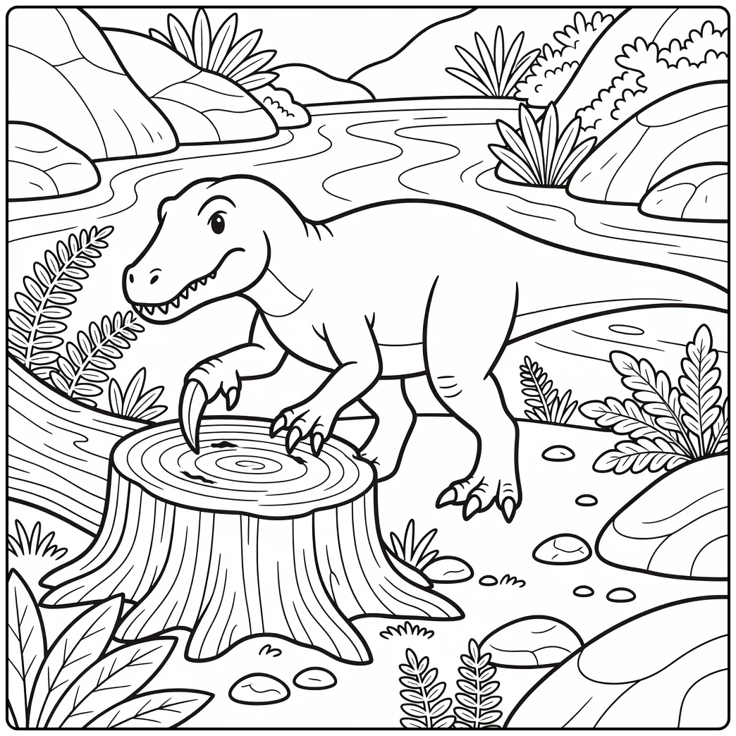 Baryonyx coloring page of dinosaur scratching stump by stream