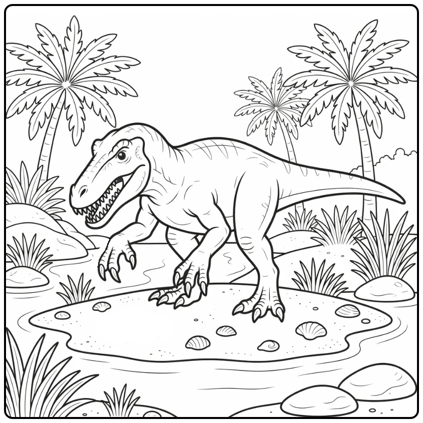 Baryonyx coloring page dinosaur catching fish on sandbar