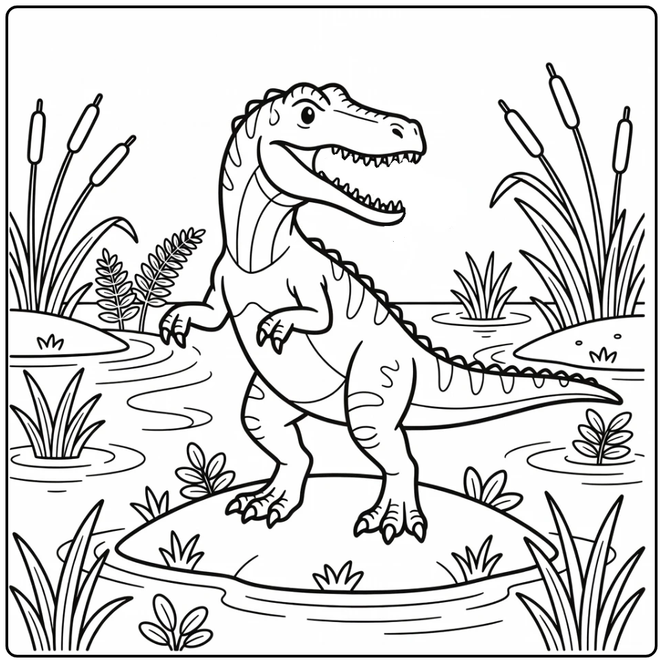 Baryonyx coloring page of dinosaur catching fish