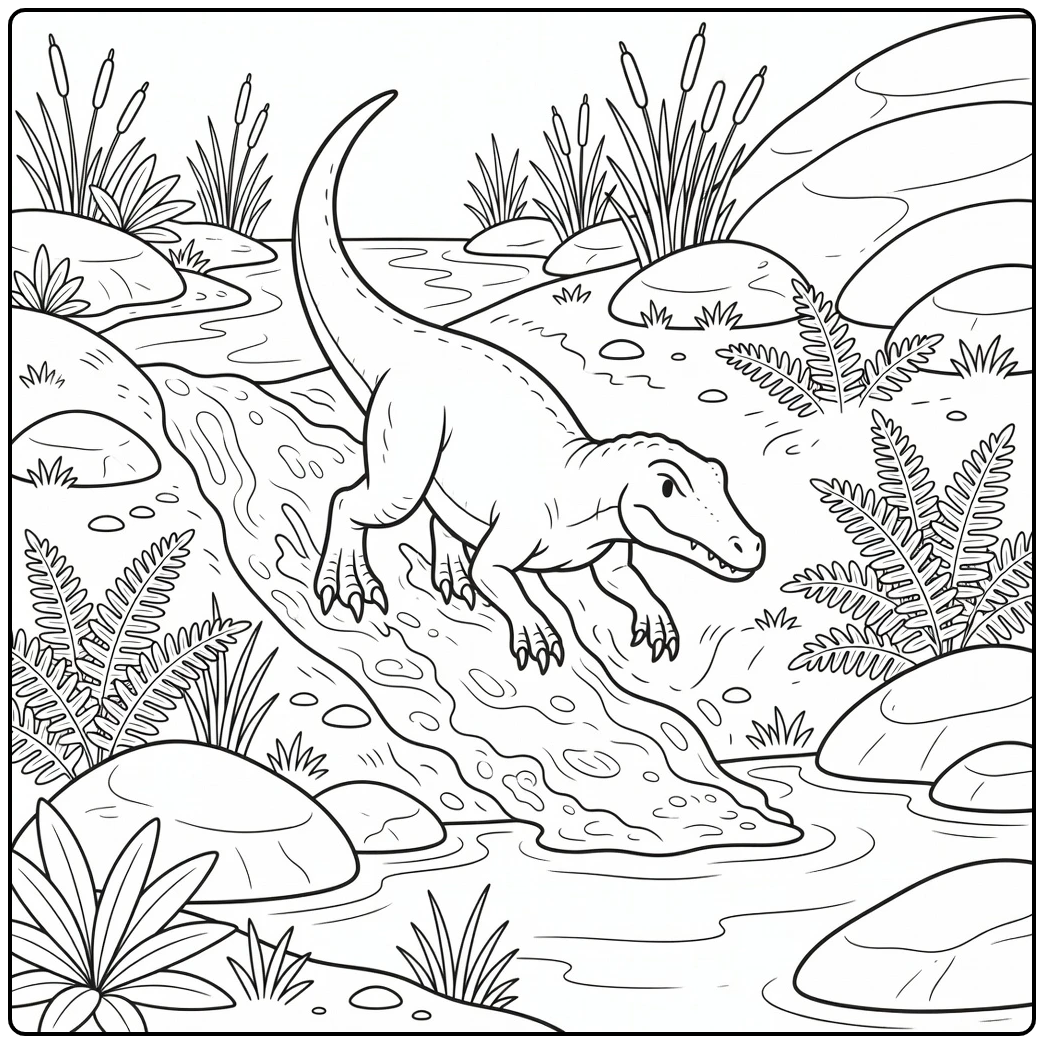 baryonyx coloring page dinosaur sliding on muddy slope