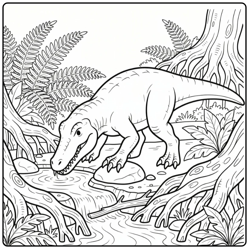 Baryonyx coloring page dinosaur drinking at spring