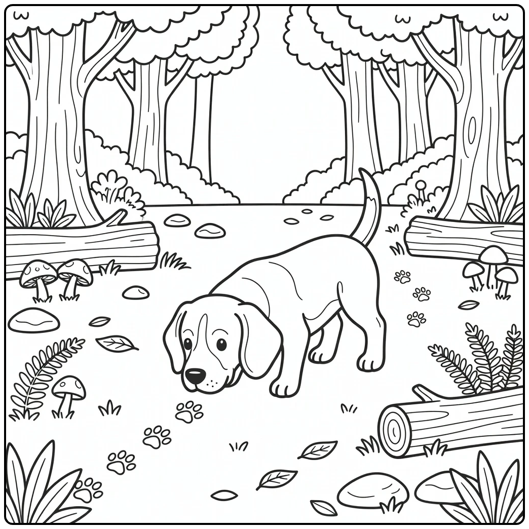 beagle coloring page of dog tracking scent in woods