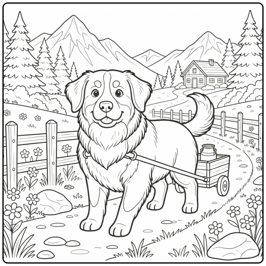 bernese mountain dog coloring page pulling cart on path