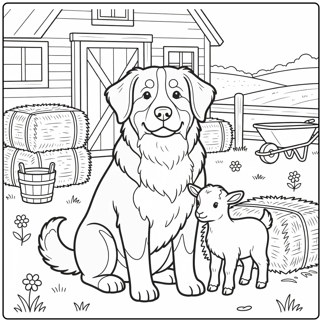 Bernese mountain dog coloring page with goat kid on farm