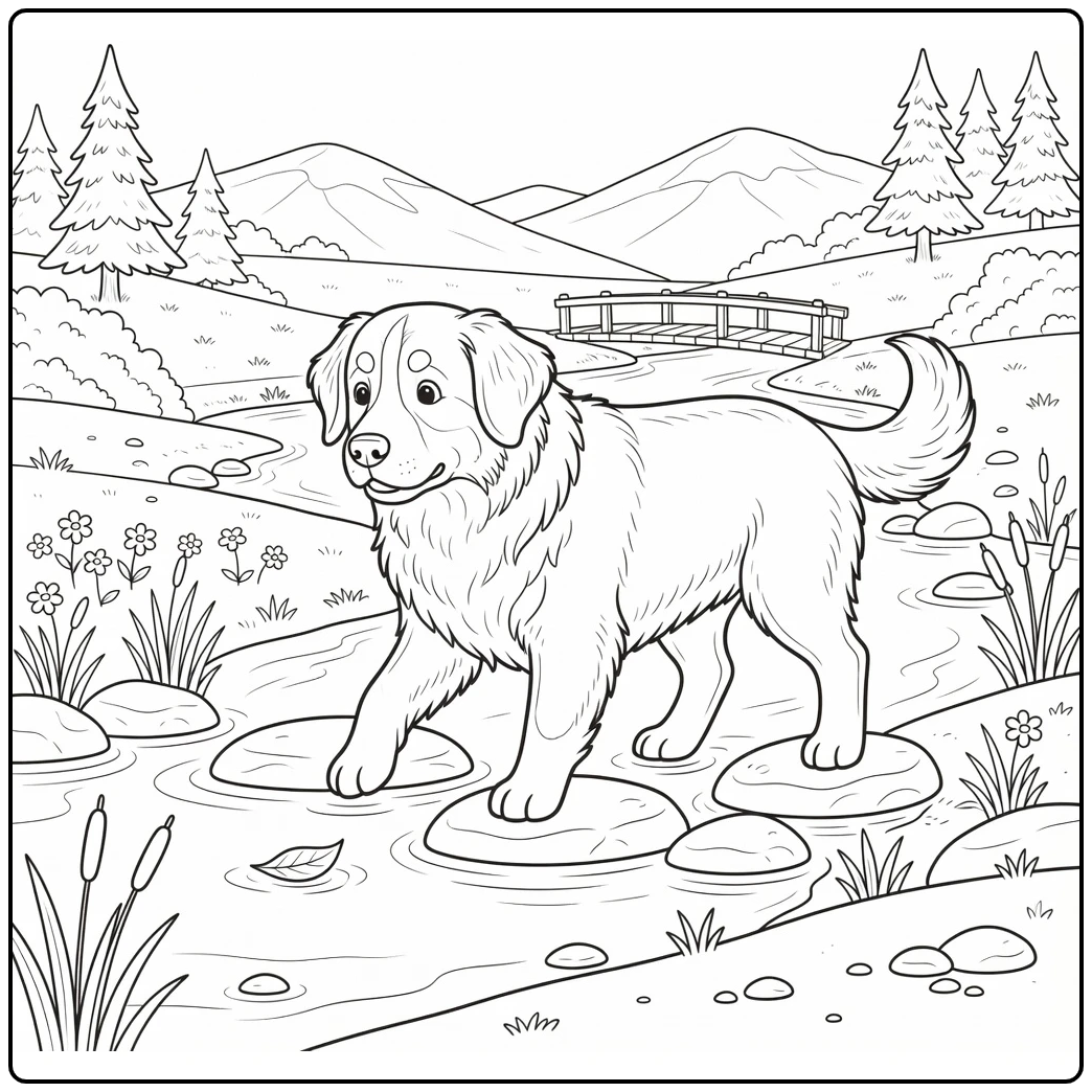 bernese mountain dog coloring page in mountain stream scene