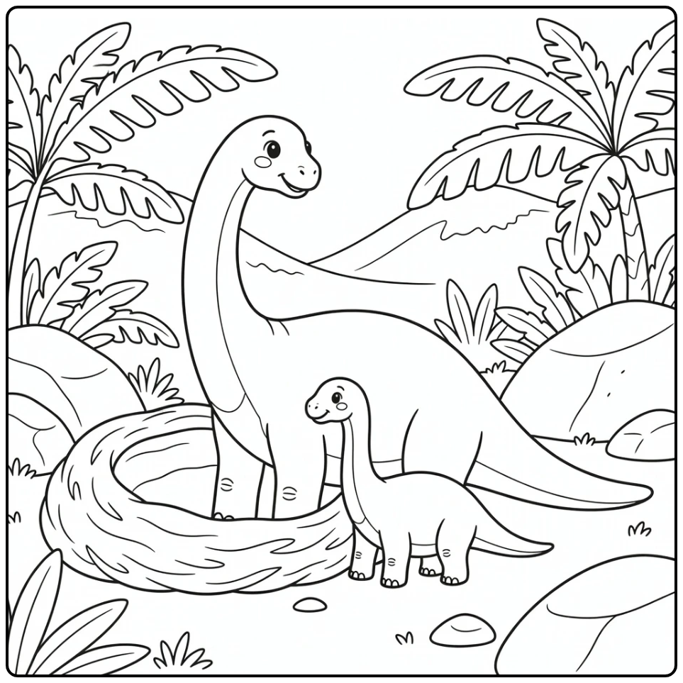 brontosaurus coloring page with adult and calf by nest