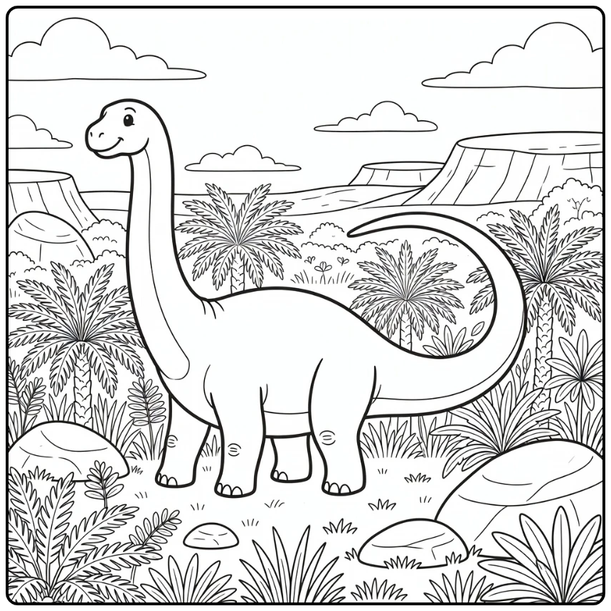 Brontosaurus coloring page with long neck in prehistoric plants