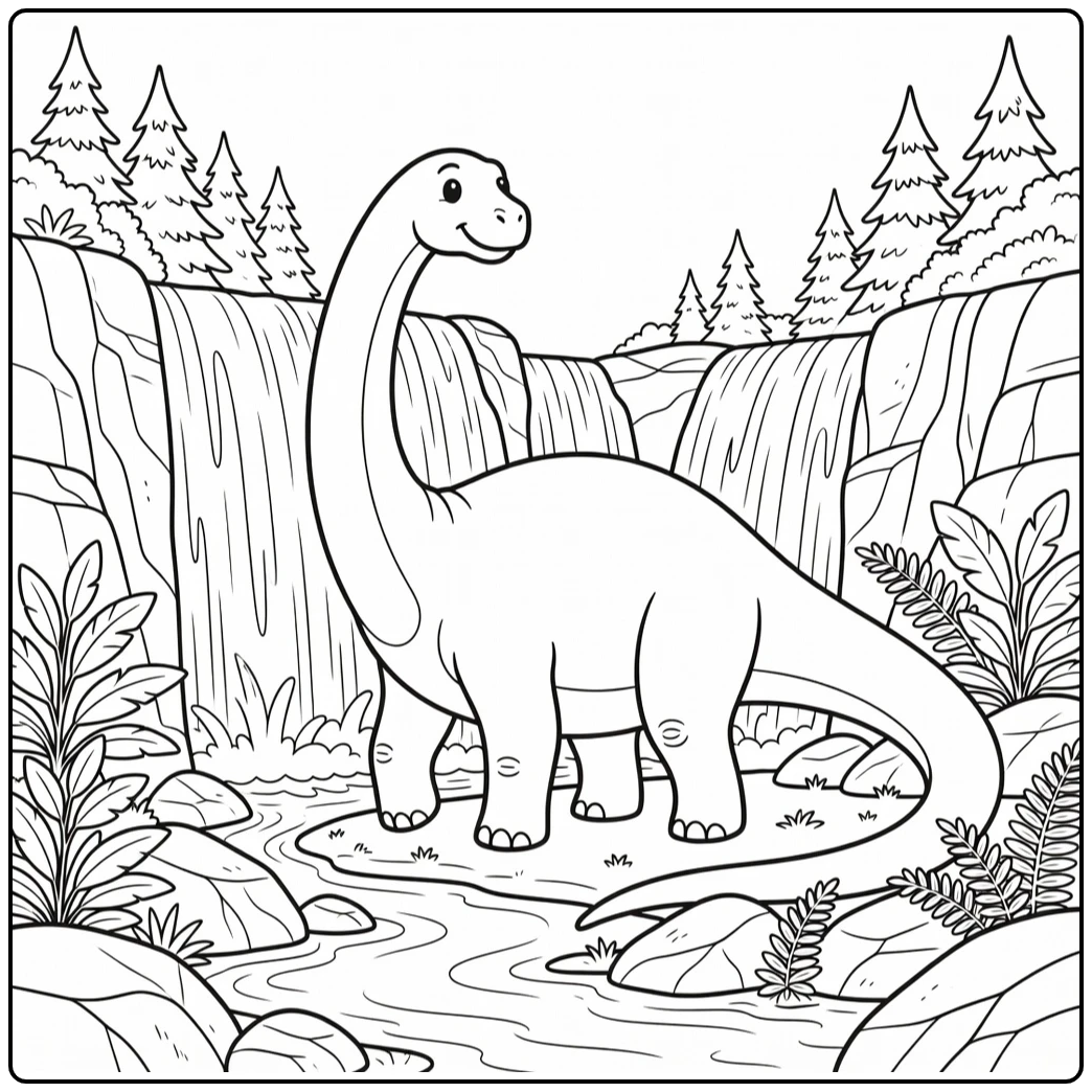 brontosaurus coloring page with waterfall and long tail