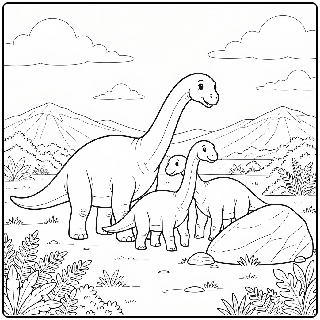 Brontosaurus coloring page adult and calf on prehistoric plain