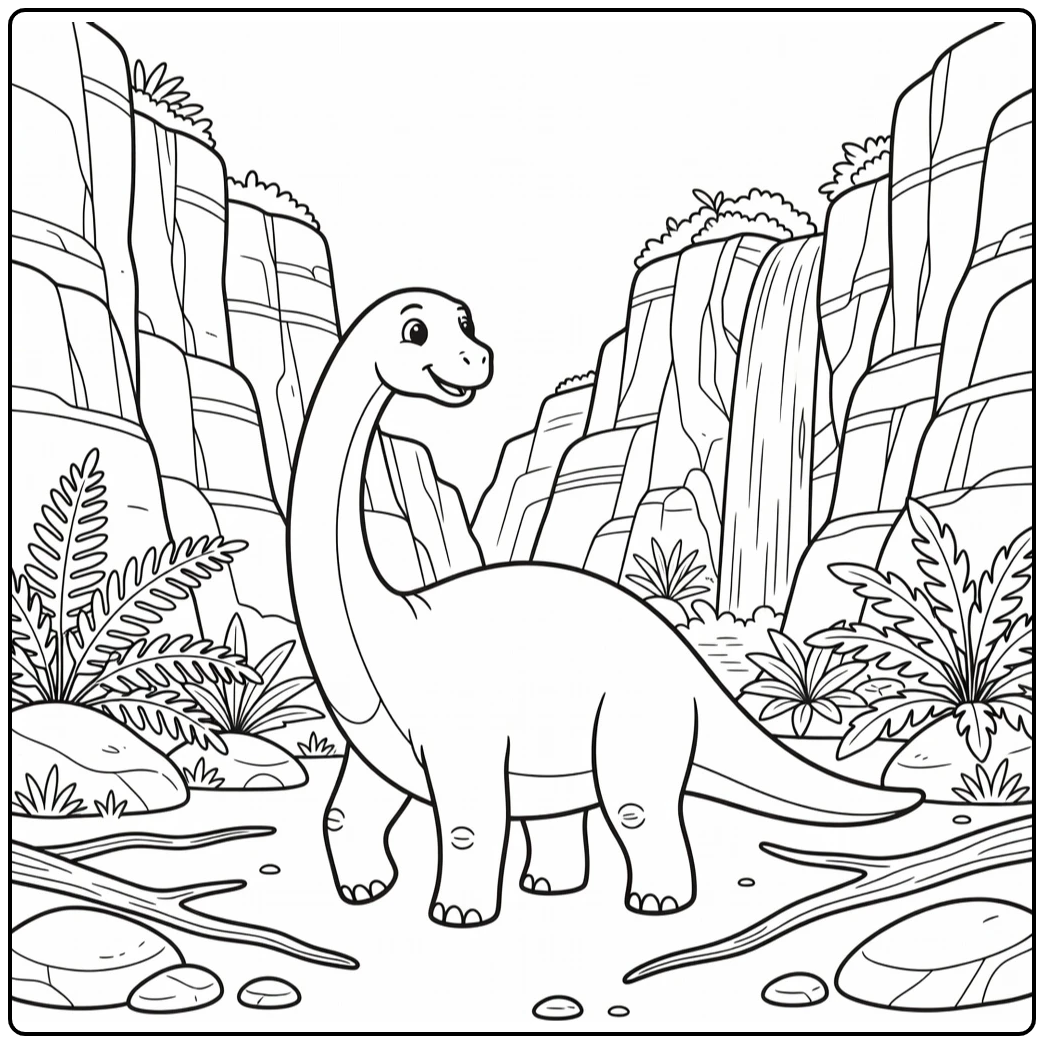 Brontosaurus coloring page in prehistoric canyon