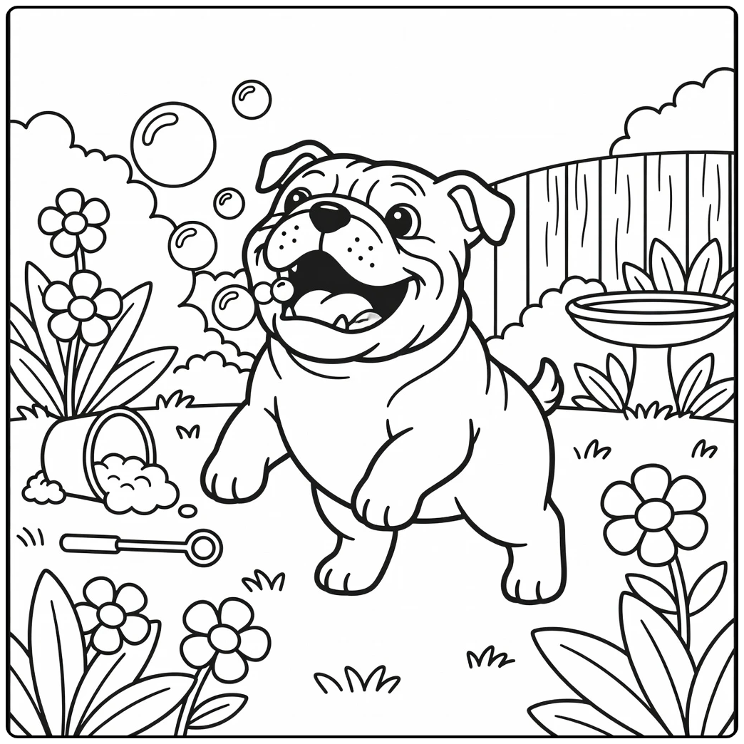 Bulldog coloring page cheerful dog chasing soap bubbles