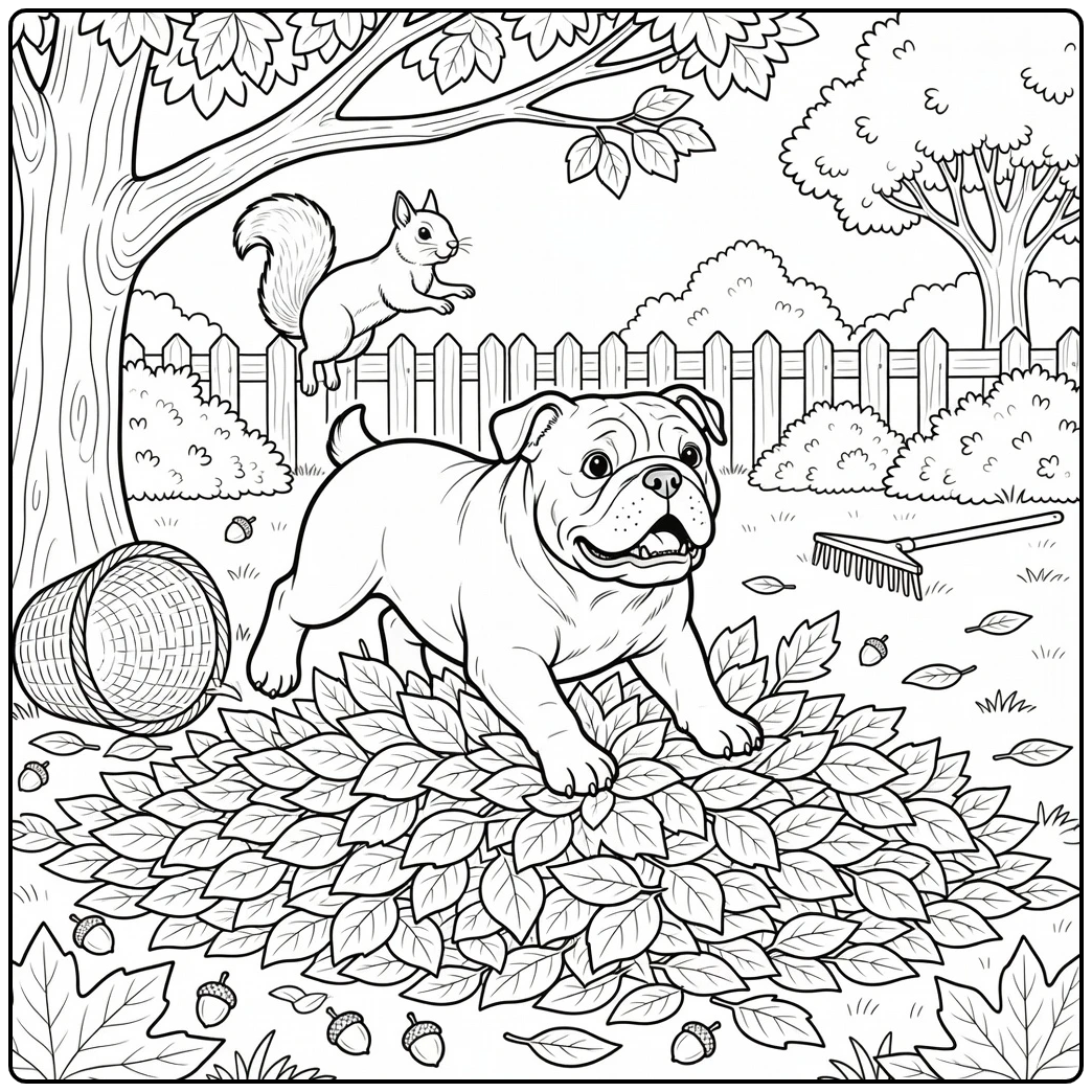 Dynamic bulldog coloring page of dog pouncing into leaves