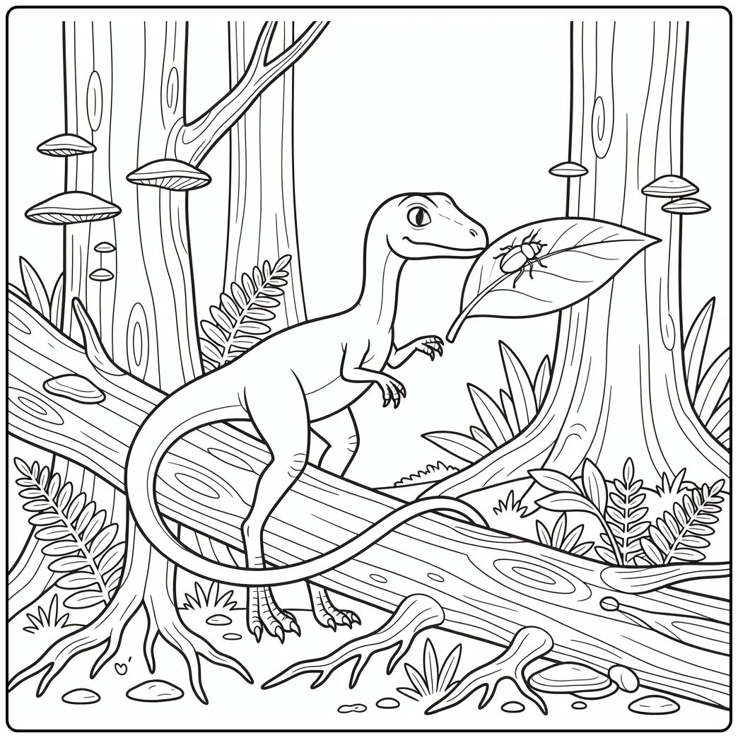 compsognathus coloring page dinosaur by log with beetle