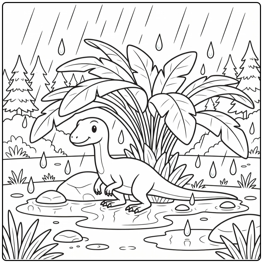 compsognathus coloring page showing dinosaur under cycad in rain