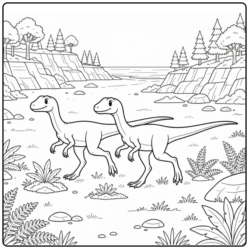 compsognathus coloring page two dinosaurs running on plain