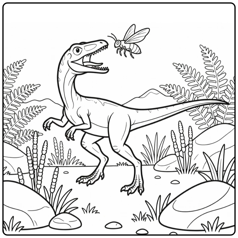 compsognathus coloring page dinosaur snapping at insect