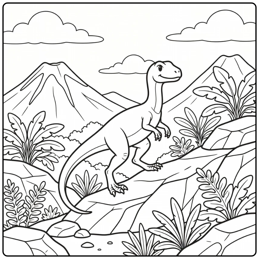 compsognathus coloring page dinosaur climbing rocky hillside