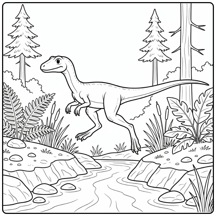 Compsognathus coloring page agile dinosaur leaping stream