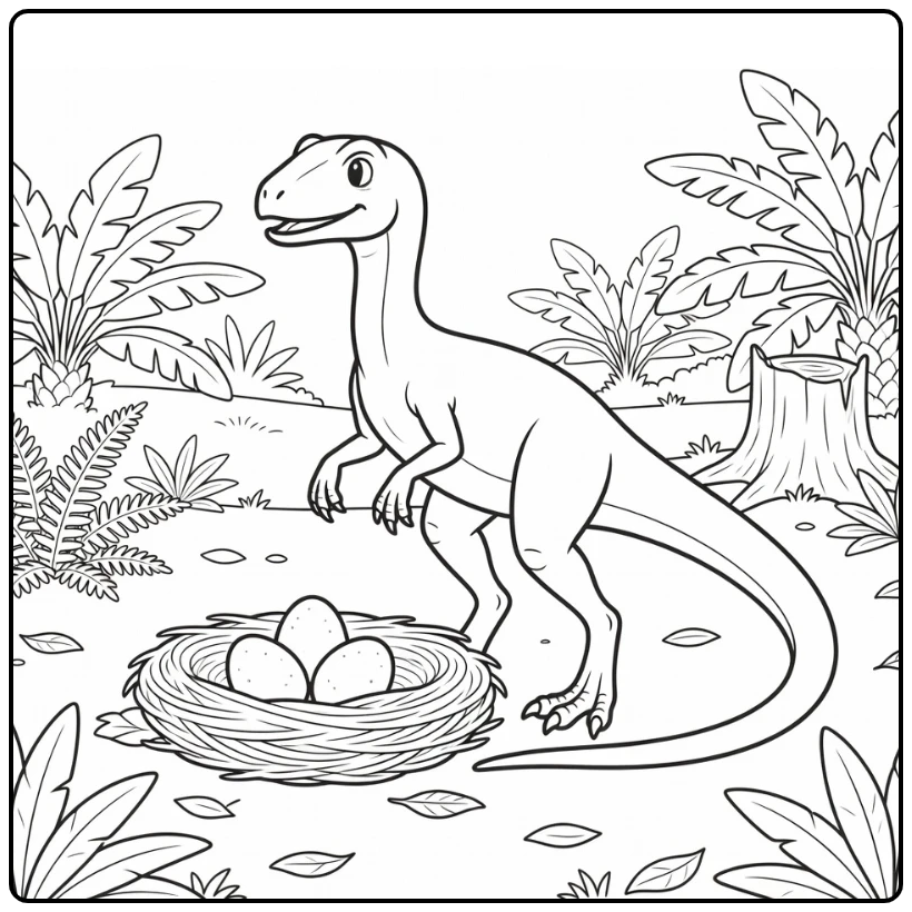 Compsognathus coloring page dinosaur guarding nest with eggs