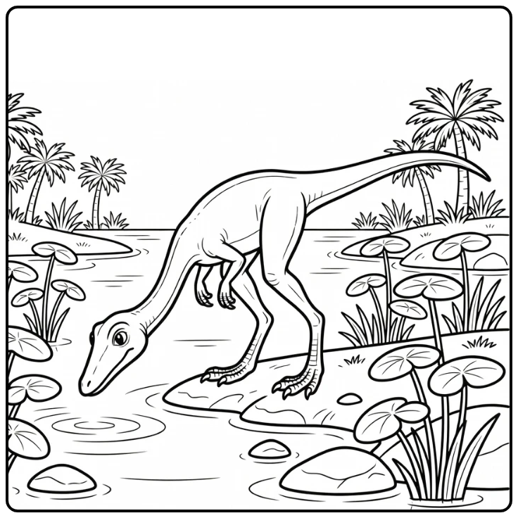 Compsognathus coloring page dinosaur drinking from lagoon
