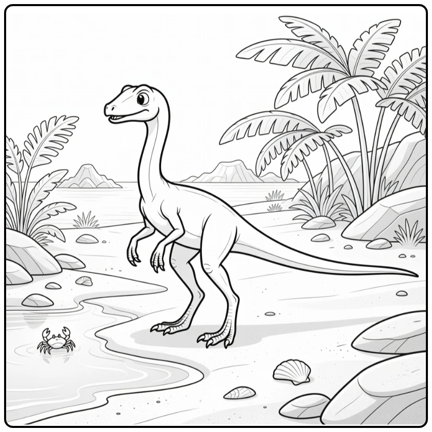 Compsognathus coloring page dinosaur on shoreline watching crab
