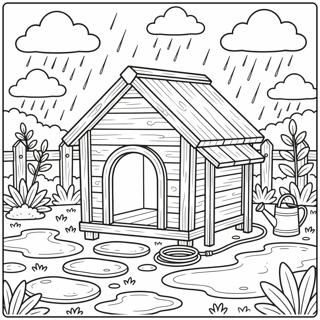 Charming dog house coloring page amid backyard rain puddles