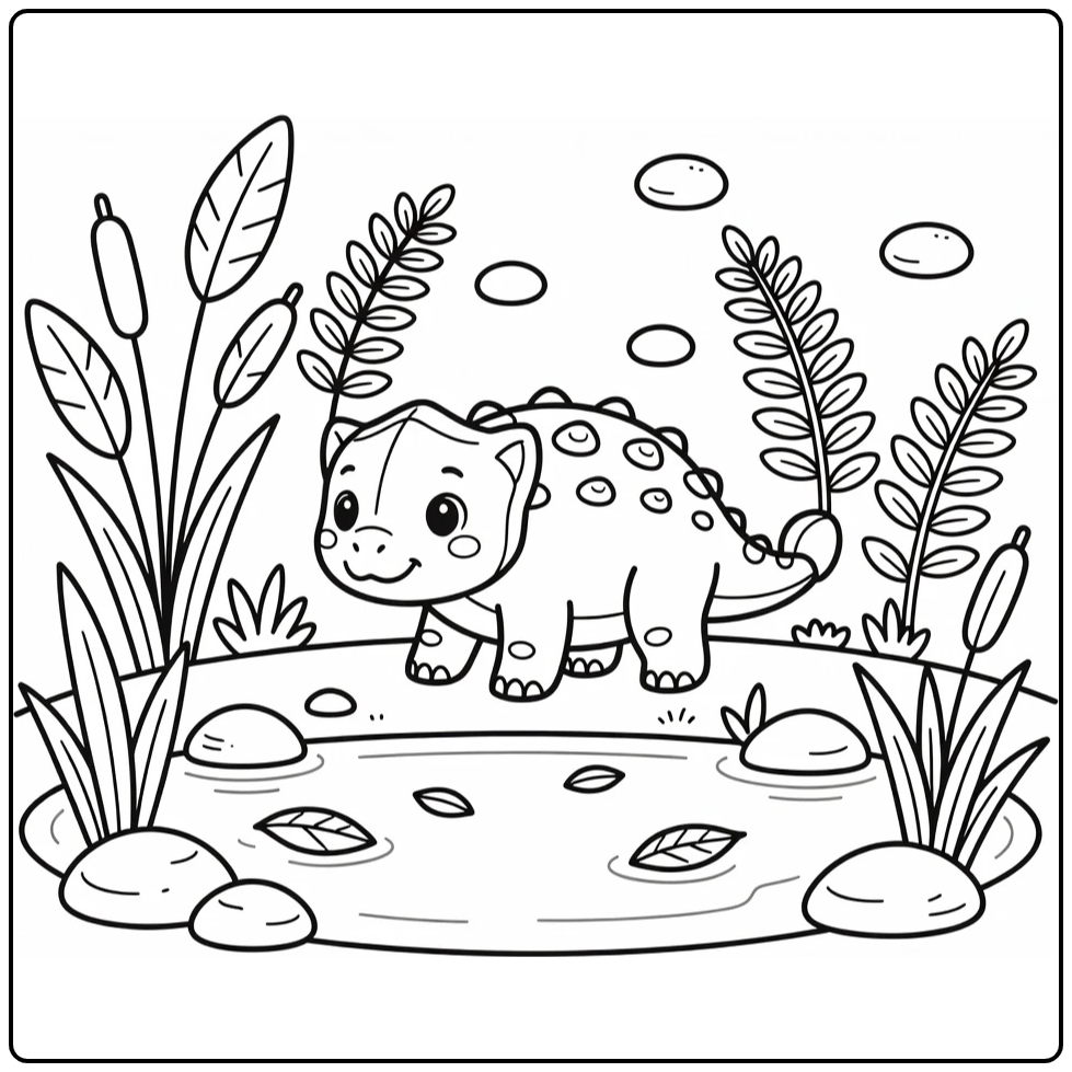 cute ankylosaurus coloring page with pond and ferns