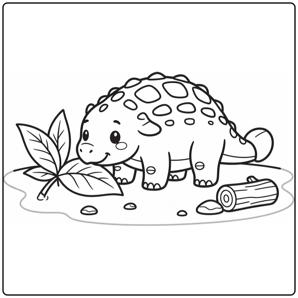 Cute ankylosaurus coloring page sniffing leaf in nature