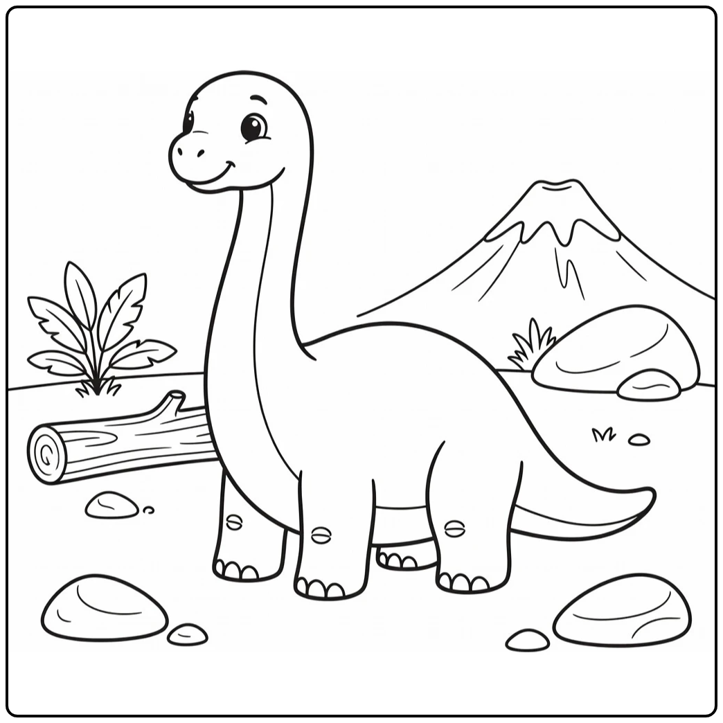 Cute brontosaurus coloring page with resting baby dinosaur